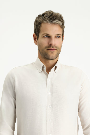  Orta Bej Uzun Kol Slim Fit Düğmeli Yaka Pamuklu Kolay Ütülenebilir 4 Mevsim Oxford Gömlek