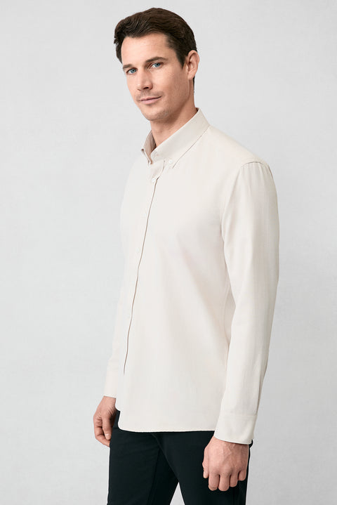 Orta Bej Uzun Kol Slim Fit Düğmeli Yaka Pamuklu Kolay Ütülenebilir 4 Mevsim Oxford Gömlek