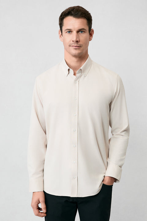 Orta Bej Uzun Kol Slim Fit Düğmeli Yaka Pamuklu Kolay Ütülenebilir 4 Mevsim Oxford Gömlek