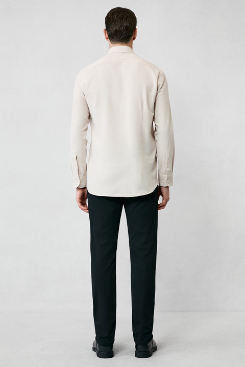 Orta Bej Uzun Kol Slim Fit Düğmeli Yaka Pamuklu Kolay Ütülenebilir 4 Mevsim Oxford Gömlek