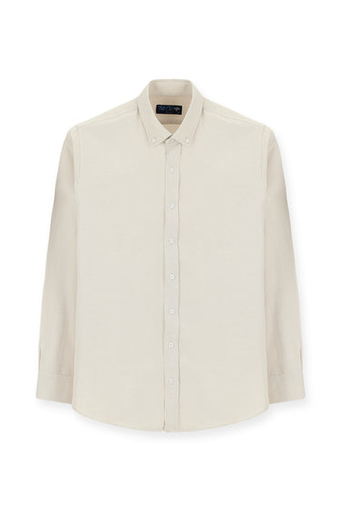 Orta Bej Uzun Kol Slim Fit Düğmeli Yaka Pamuklu Kolay Ütülenebilir 4 Mevsim Oxford Gömlek