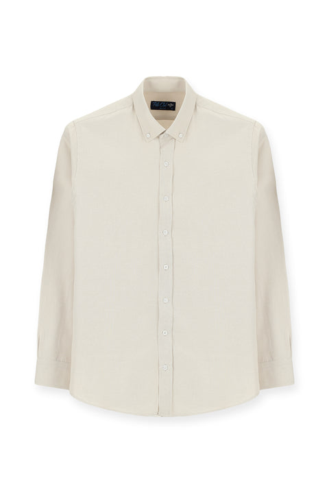 Orta Bej Uzun Kol Slim Fit Düğmeli Yaka Pamuklu Kolay Ütülenebilir 4 Mevsim Oxford Gömlek