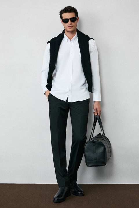 Beyaz Uzun Kol Slim Fit Düğmeli Yaka Pamuklu Kolay Ütülenebilir 4 Mevsim Oxford Gömlek