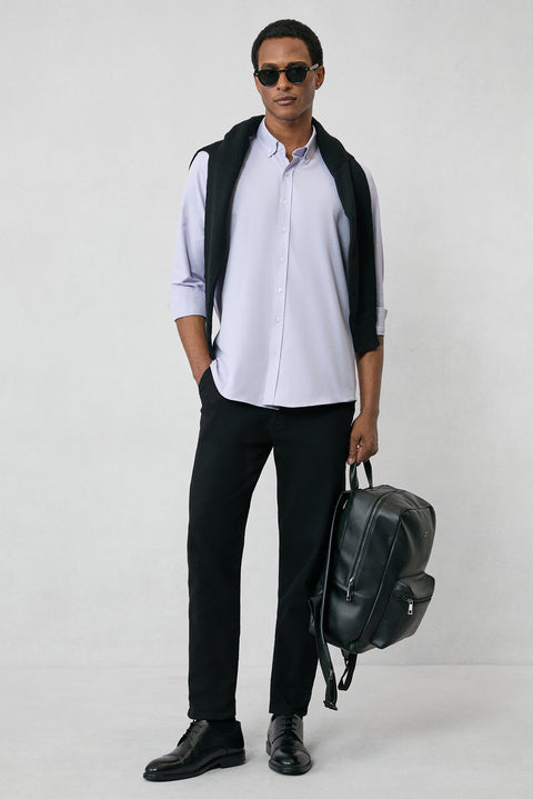 Lila Uzun Kol Slim Fit Düğmeli Yaka Pamuklu Kolay Ütülenebilir 4 Mevsim Oxford Gömlek