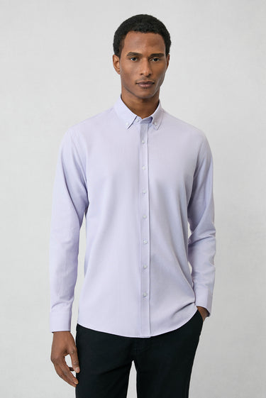  Lila Uzun Kol Slim Fit Düğmeli Yaka Pamuklu Kolay Ütülenebilir 4 Mevsim Oxford Gömlek
