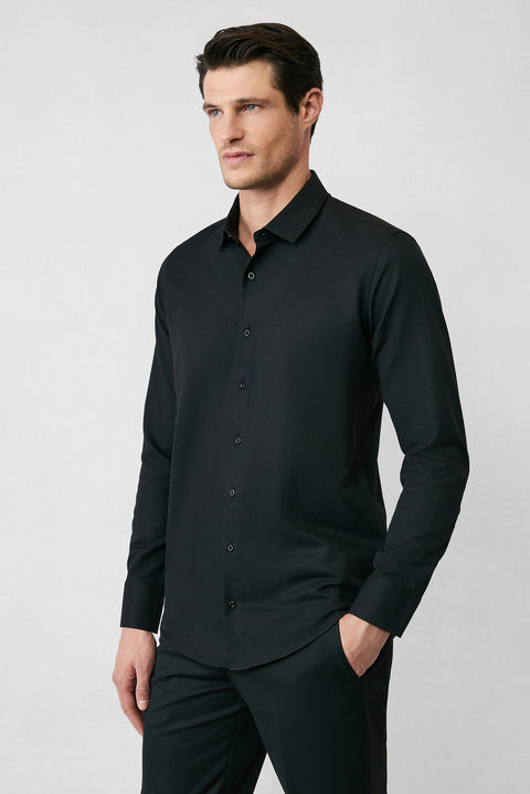 Siyah Uzun Kol Slim Fit Klasik Yaka Pamuklu Kolay Ütülenebilir Oxford 4 Mevsim Gömlek
