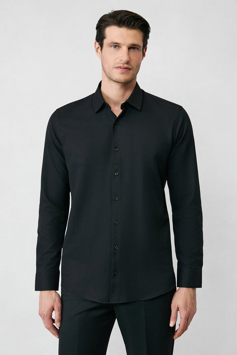 Siyah Uzun Kol Slim Fit Klasik Yaka Pamuklu Kolay Ütülenebilir Oxford 4 Mevsim Gömlek