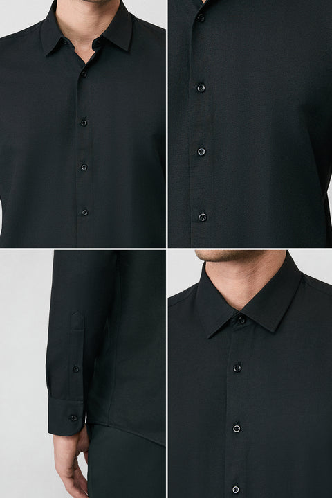 Siyah Uzun Kol Slim Fit Klasik Yaka Pamuklu Kolay Ütülenebilir Oxford 4 Mevsim Gömlek