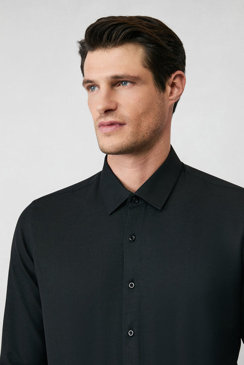 Siyah Uzun Kol Slim Fit Klasik Yaka Pamuklu Kolay Ütülenebilir Oxford 4 Mevsim Gömlek