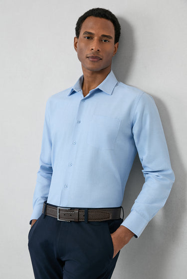  Açık Mavi Uzun Kol Slim Fit Klasik Yaka Pamuklu Kolay Ütülenebilir Oxford 4 Mevsim Gömlek