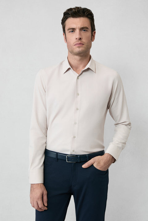 Orta Bej Uzun Kol Slim Fit Klasik Yaka Pamuklu Kolay Ütülenebilir Oxford 4 Mevsim Gömlek