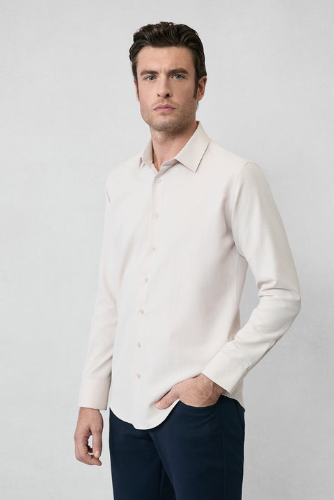 Orta Bej Uzun Kol Slim Fit Klasik Yaka Pamuklu Kolay Ütülenebilir Oxford 4 Mevsim Gömlek