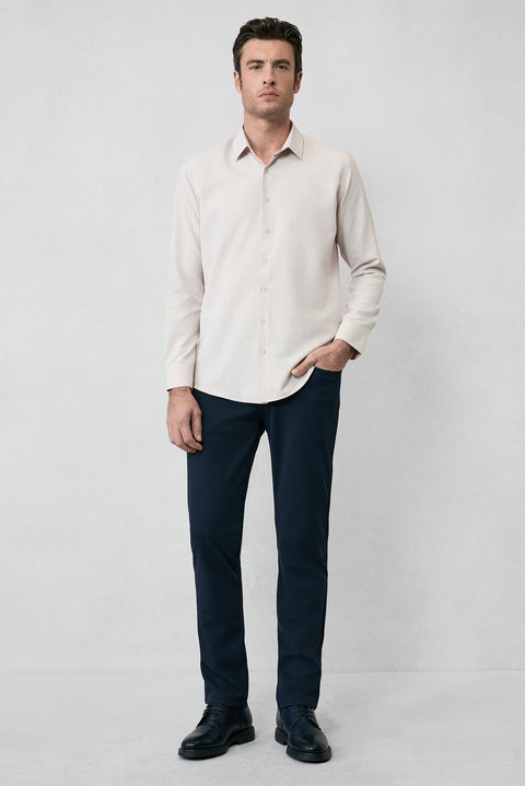 Orta Bej Uzun Kol Slim Fit Klasik Yaka Pamuklu Kolay Ütülenebilir Oxford 4 Mevsim Gömlek