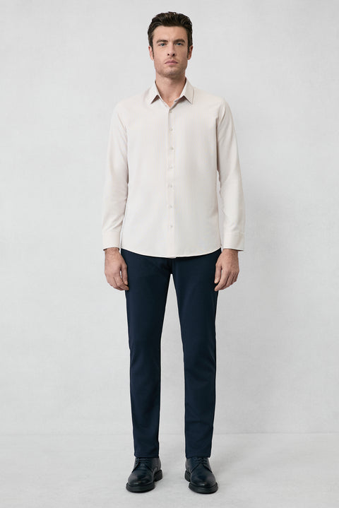 Orta Bej Uzun Kol Slim Fit Klasik Yaka Pamuklu Kolay Ütülenebilir Oxford 4 Mevsim Gömlek