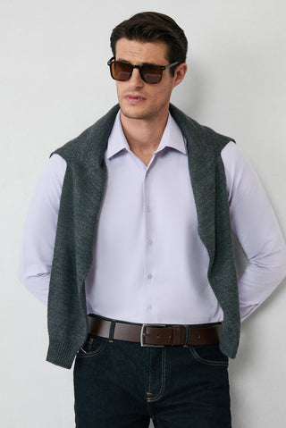  Lila Uzun Kol Slim Fit Klasik Yaka Pamuklu Kolay Ütülenebilir 4 Mevsim Oxford Gömlek