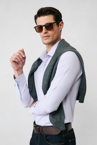  Lila Uzun Kol Slim Fit Klasik Yaka Pamuklu Kolay Ütülenebilir 4 Mevsim Oxford Gömlek