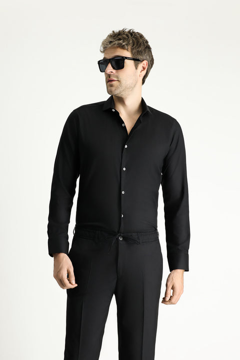 Siyah Techno-Line Uzun Kol Slim Fit Dar Kesim Klasik Gömlek