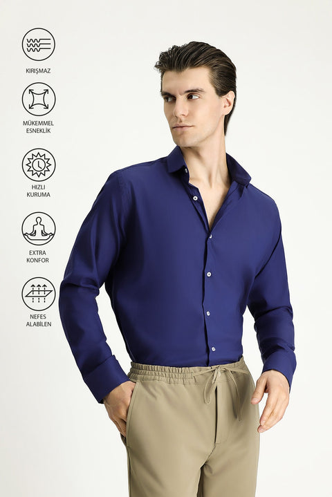 Koyu Lacivert Techno-Line Uzun Kol Slim Fit Dar Kesim Klasik Gömlek