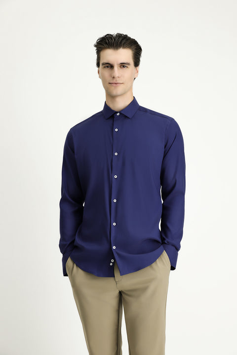 Koyu Lacivert Techno-Line Uzun Kol Slim Fit Dar Kesim Klasik Gömlek