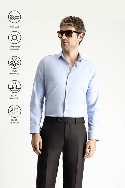 Açık Mavi Techno-Line Uzun Kol Slim Fit Dar Kesim Klasik Gömlek