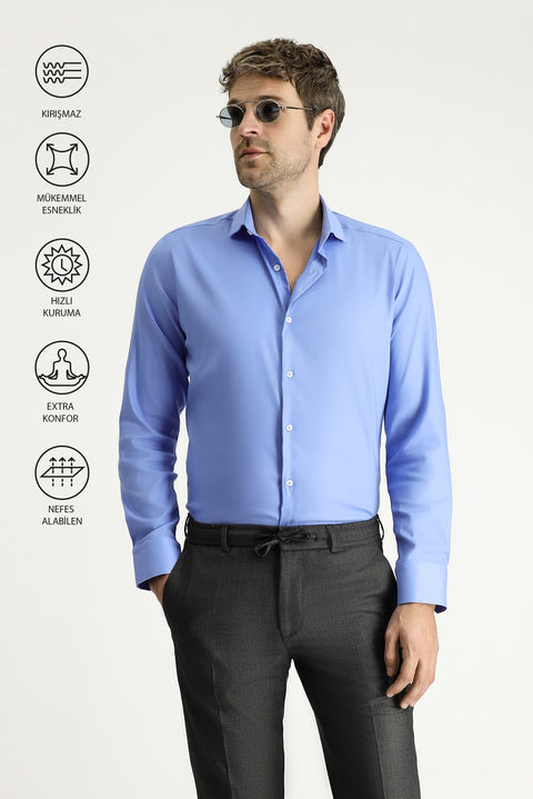 Koyu Mavi  Techno-Line Uzun Kol Slim Fit Dar Kesim Klasik Gömlek