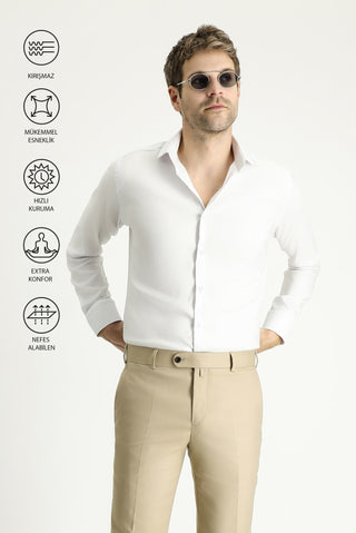  Beyaz Techno-Line Uzun Kol Slim Fit Dar Kesim Klasik Gömlek
