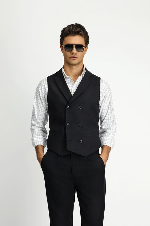 Siyah Slim Fit Dar Kesim Desenli Klasik Kruvaze Yelek