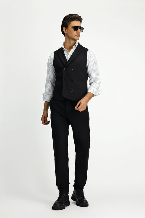 Siyah Slim Fit Dar Kesim Desenli Klasik Kruvaze Yelek