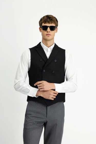  Siyah Slim Fit Dar Kesim Desenli Klasik Kruvaze Yelek