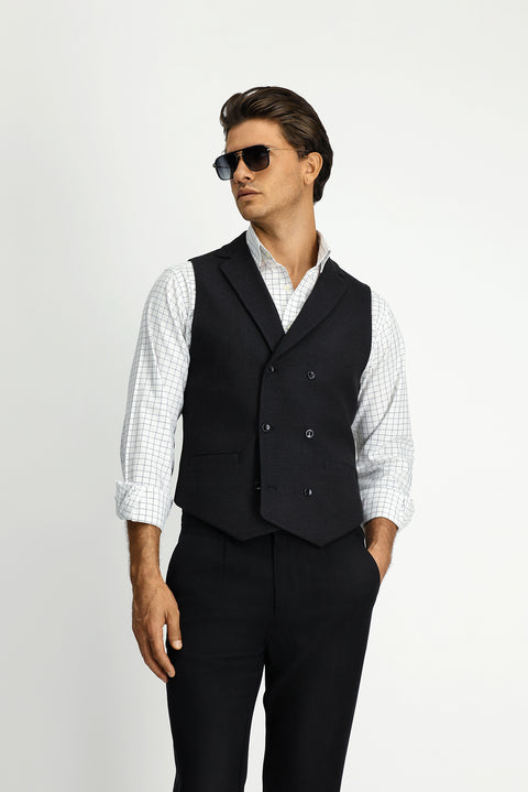 Siyah Slim Fit Dar Kesim Desenli Klasik Kruvaze Yelek