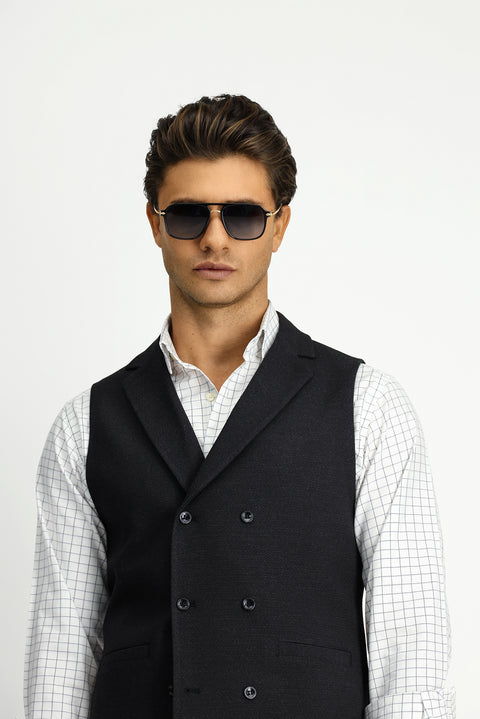 Siyah Slim Fit Dar Kesim Desenli Klasik Kruvaze Yelek