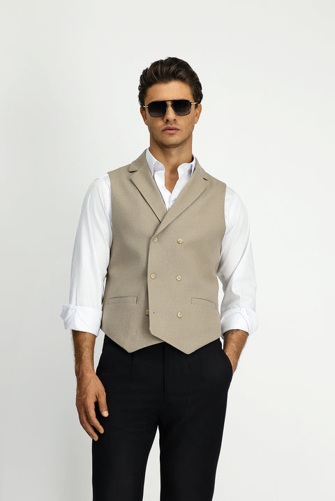 Medium Mink Slim Fit Narrow Cut Patterned Classic Double-Breasted Vest