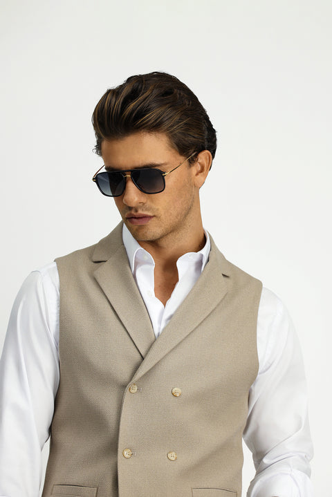 Medium Mink Slim Fit Narrow Cut Patterned Classic Double-Breasted Vest