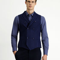 Koyu Lacivert Slim Fit Dar Kesim Çizgili Klasik Kruvaze Yelek