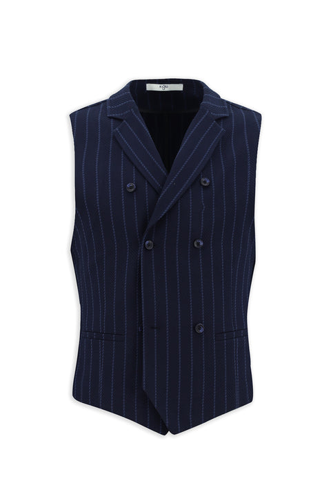 Koyu Lacivert Slim Fit Dar Kesim Çizgili Klasik Kruvaze Yelek