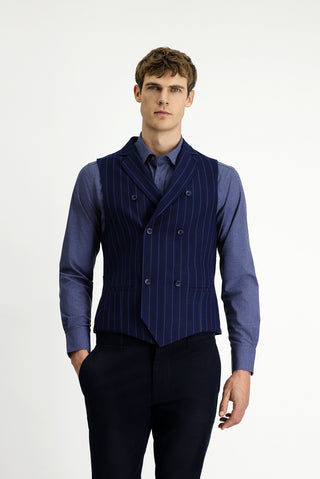  Koyu Lacivert Slim Fit Dar Kesim Çizgili Klasik Kruvaze Yelek