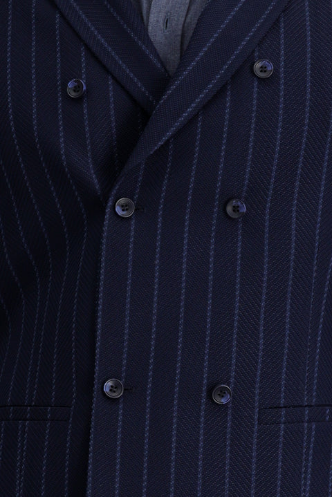 Koyu Lacivert Slim Fit Dar Kesim Çizgili Klasik Kruvaze Yelek