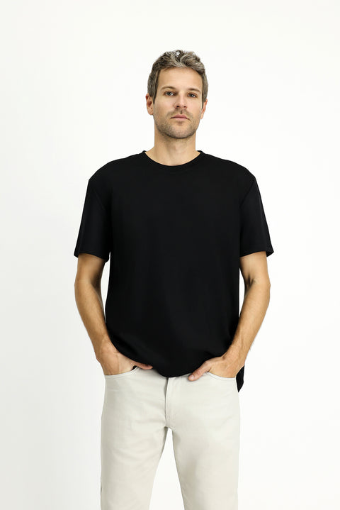 Siyah Bisiklet Yaka Oversize Likralı Baskılı Tişört