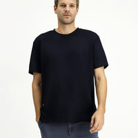 Koyu Lacivert Bisiklet Yaka Oversize Likralı Baskılı Tişört