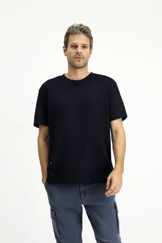  Koyu Lacivert BİSİKLET YAKA OVERSİZE LİKRALI BASKILI TİŞÖRT