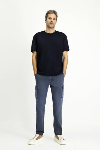  Koyu Lacivert BİSİKLET YAKA OVERSİZE LİKRALI BASKILI TİŞÖRT