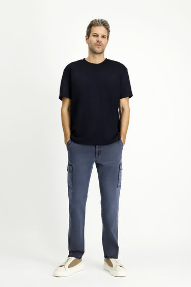  Koyu Lacivert BİSİKLET YAKA OVERSİZE LİKRALI BASKILI TİŞÖRT