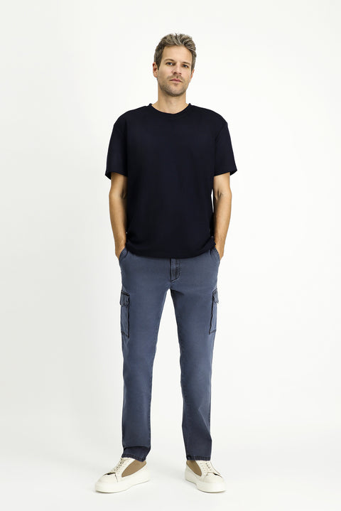 Koyu Lacivert Bisiklet Yaka Oversize Likralı Baskılı Tişört