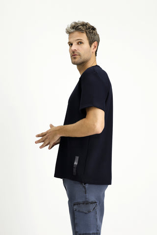  Koyu Lacivert BİSİKLET YAKA OVERSİZE LİKRALI BASKILI TİŞÖRT