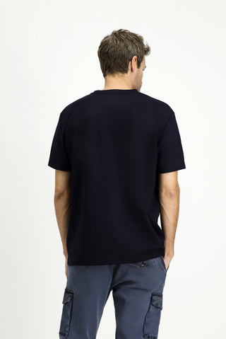  Koyu Lacivert BİSİKLET YAKA OVERSİZE LİKRALI BASKILI TİŞÖRT