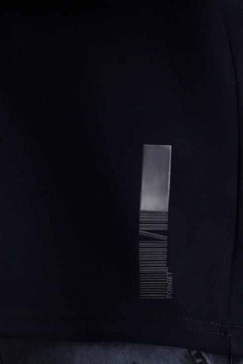 Koyu Lacivert Bisiklet Yaka Oversize Likralı Baskılı Tişört