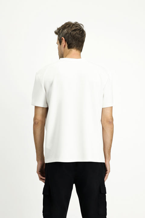 Beyaz Bisiklet Yaka Oversize Likralı Baskılı Tişört