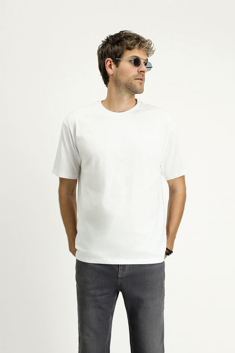 Beyaz Bisiklet Yaka Oversize Süprem Pamuk Tişört