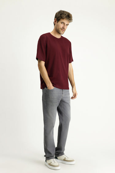 Koyu Bordo Bisiklet Yaka Oversize Süprem Pamuk Tişört