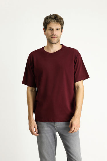 Koyu Bordo Bisiklet Yaka Oversize Süprem Pamuk Tişört